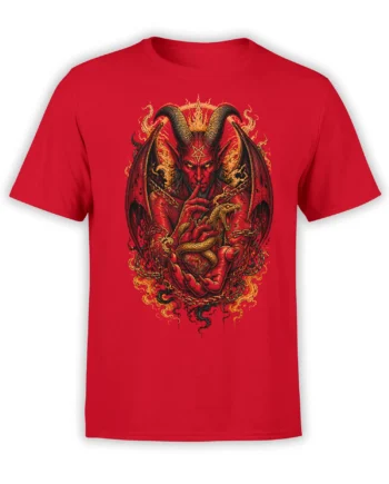 Red demon t-shirt featuring horns, dark wings, flames, chains, a serpent, and a pentagram