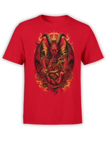 Red demon t-shirt featuring horns, dark wings, flames, chains, a serpent, and a pentagram