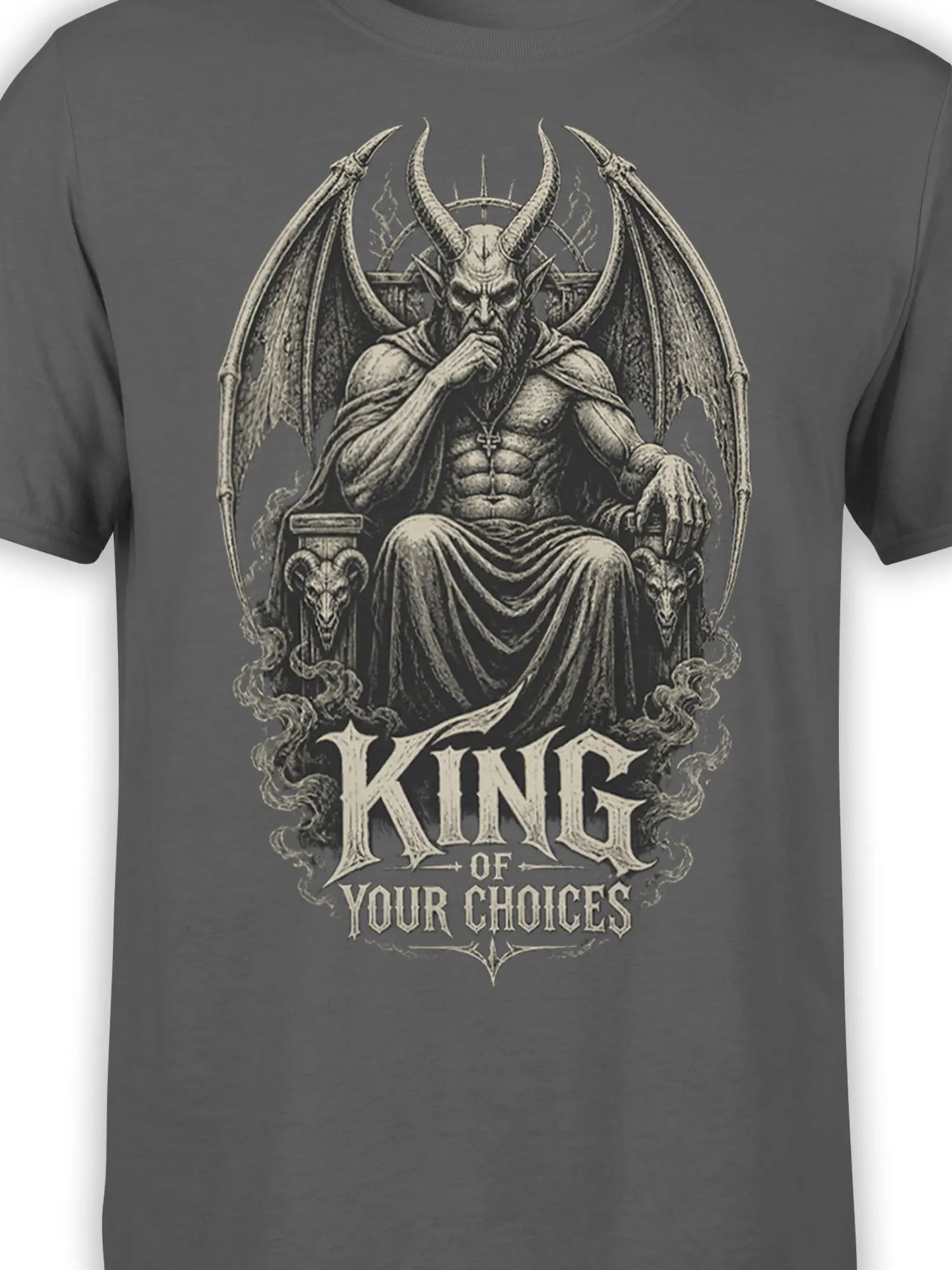 Close-up of horned demon king artwork, throne, wings, skulls, and “KING OF YOUR CHOICES” text