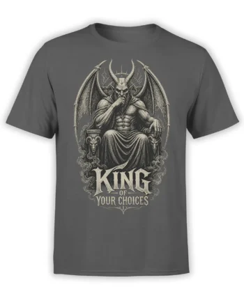 Horned demon king seated on a throne with wings and skull details on a gray graphic T-shirt