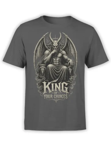 Horned demon king seated on a throne with wings and skull details on a gray graphic T-shirt