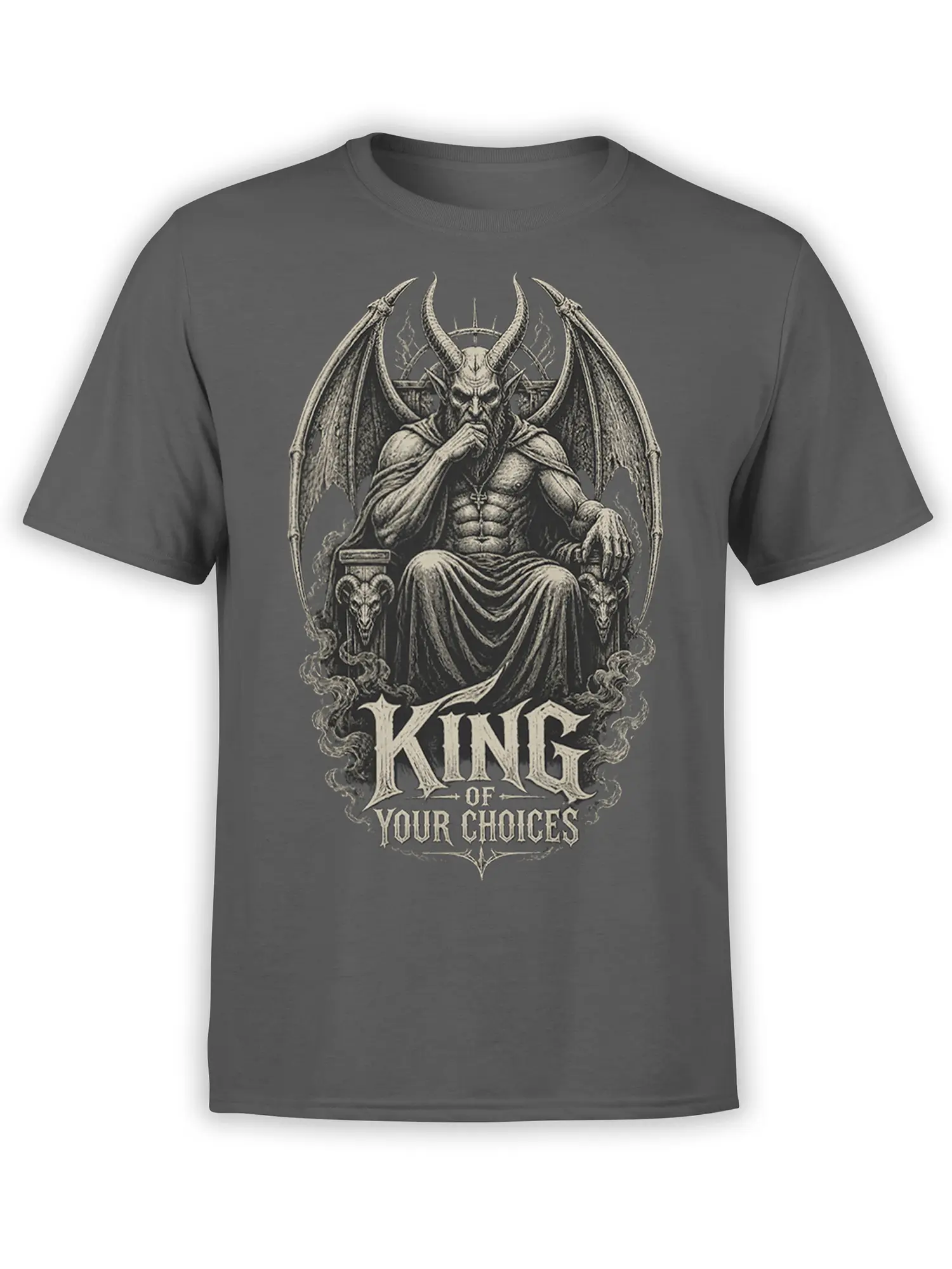 Horned demon king seated on a throne with wings and skull details on a gray graphic T-shirt