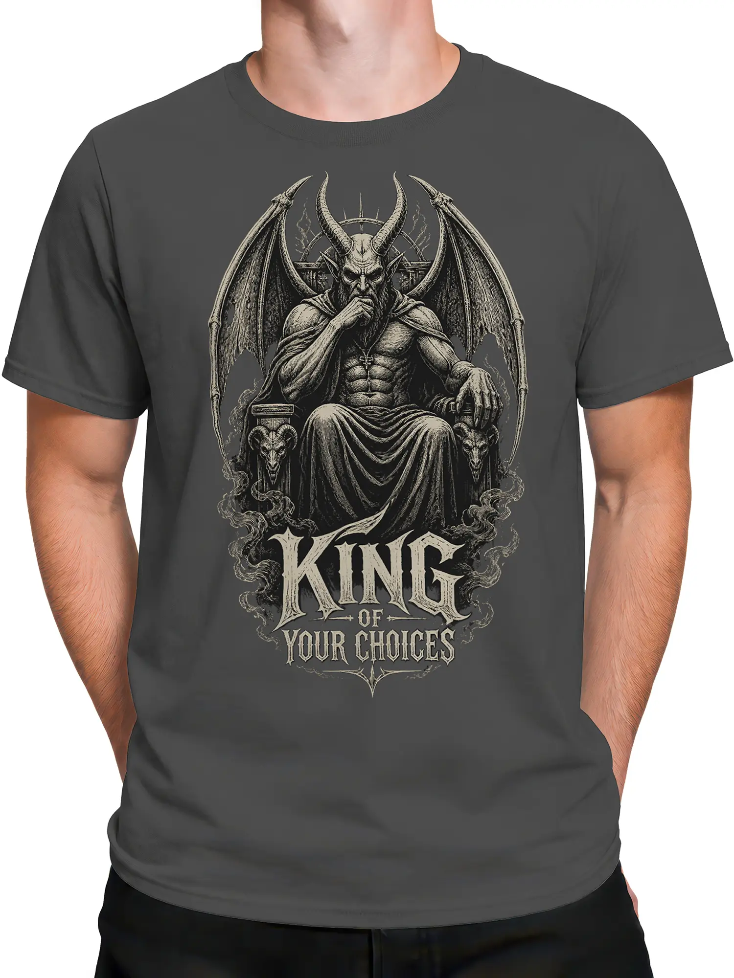 Male torso wearing a gray horned demon king T-shirt with gothic throne artwork and vintage lettering
