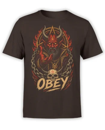 Dark brown T-shirt with a horned red demon, chained skull, flames, occult symbols, and OBEY lettering