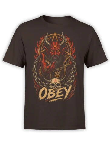 Dark brown T-shirt with a horned red demon, chained skull, flames, occult symbols, and OBEY lettering