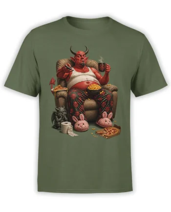 Horned red demon lounging with pizza, snacks, and bunny slippers on a green T-shirt