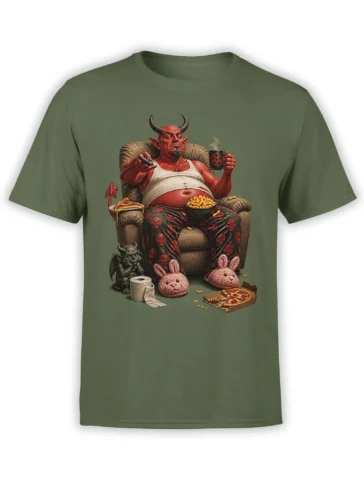 Horned red demon lounging with pizza, snacks, and bunny slippers on a green T-shirt