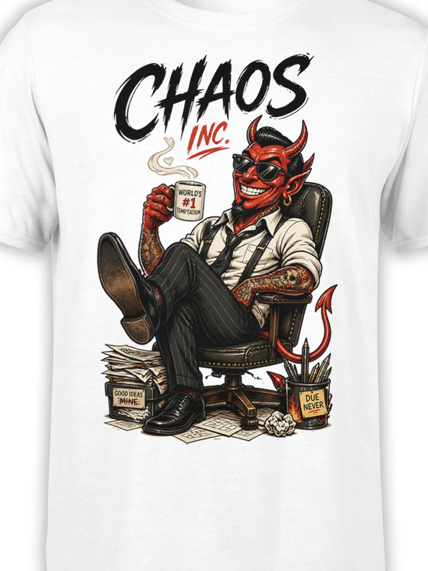 Close-up of the red devil boss, coffee mug, tattoos, and Chaos Inc. artwork on a white T-shirt
