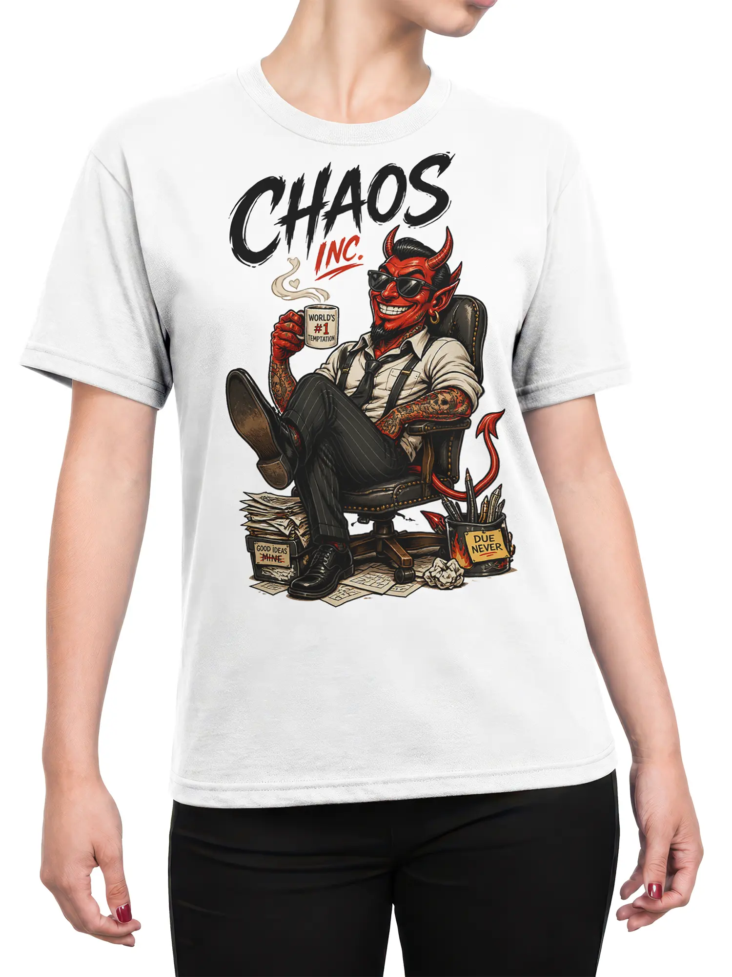 Female torso wearing a white Chaos Inc. devil boss graphic T-shirt with office humor artwork