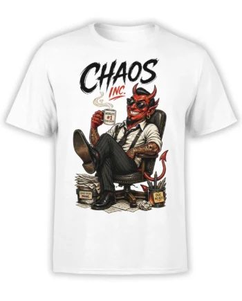 Chaos Inc. red devil boss graphic with coffee and office papers on a white T-shirt