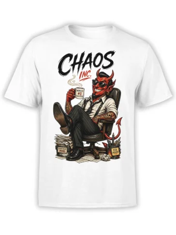 Chaos Inc. red devil boss graphic with coffee and office papers on a white T-shirt