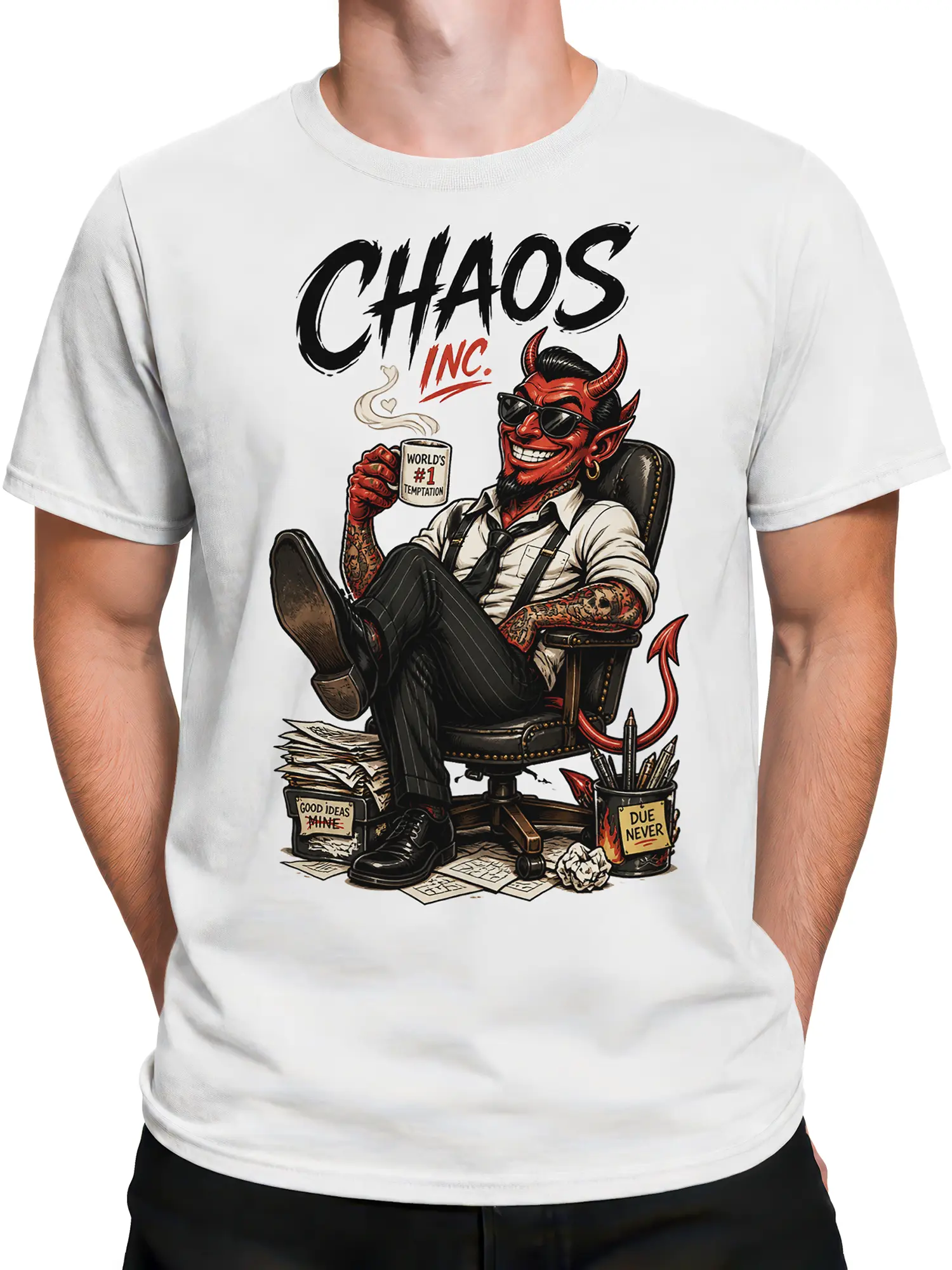 Male torso wearing a white Chaos Inc. devil boss graphic T-shirt with red devil artwork