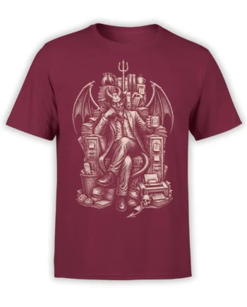 Suited horned devil with wings, trident, coffee mug, books, and office clutter on a burgundy T-shirt