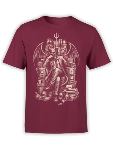 Suited horned devil with wings, trident, coffee mug, books, and office clutter on a burgundy T-shirt
