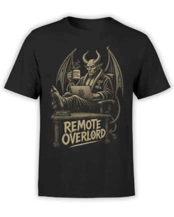 Black demon CEO T-shirt with wings, laptop, coffee mug, and Remote Overlord office humor design