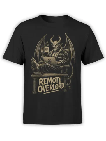 Black demon CEO T-shirt with wings, laptop, coffee mug, and Remote Overlord office humor design