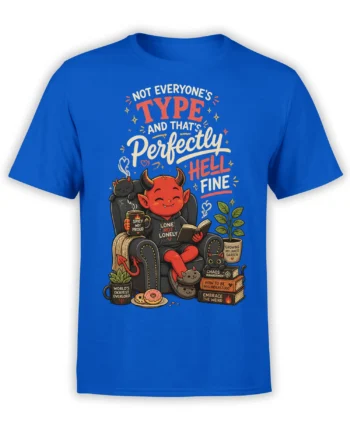 Blue T-shirt with a red horned devil reading in an armchair among cats, books, coffee, plants, and funny phrases