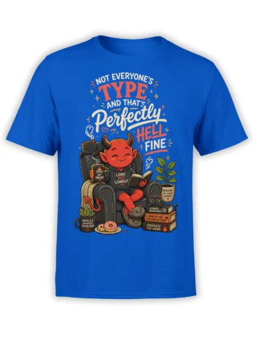 Blue T-shirt with a red horned devil reading in an armchair among cats, books, coffee, plants, and funny phrases