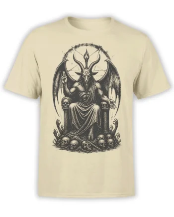 Beige T-shirt with a horned winged demon seated on a skull-lined throne in vintage occult artwork