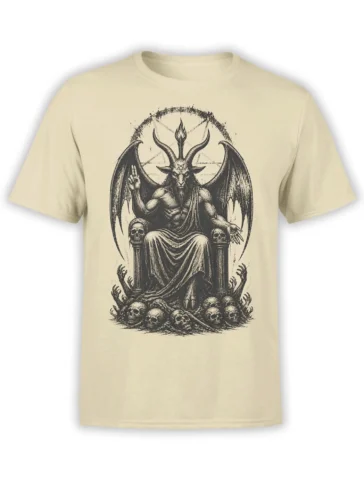 Beige T-shirt with a horned winged demon seated on a skull-lined throne in vintage occult artwork