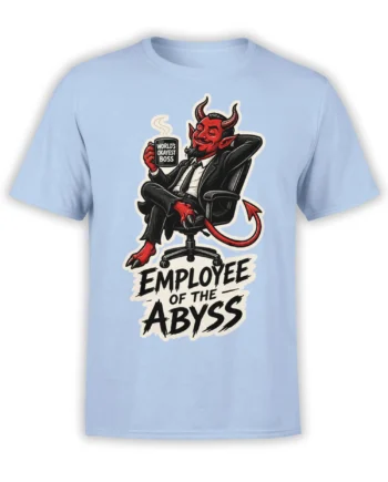 Light blue devil boss T-shirt with “World’s Okayest Boss” mug and “Employee of the Abyss” text