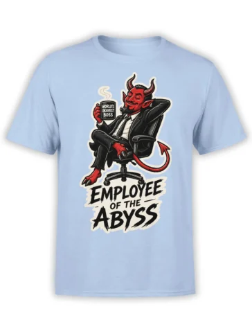 Light blue devil boss T-shirt with “World’s Okayest Boss” mug and “Employee of the Abyss” text