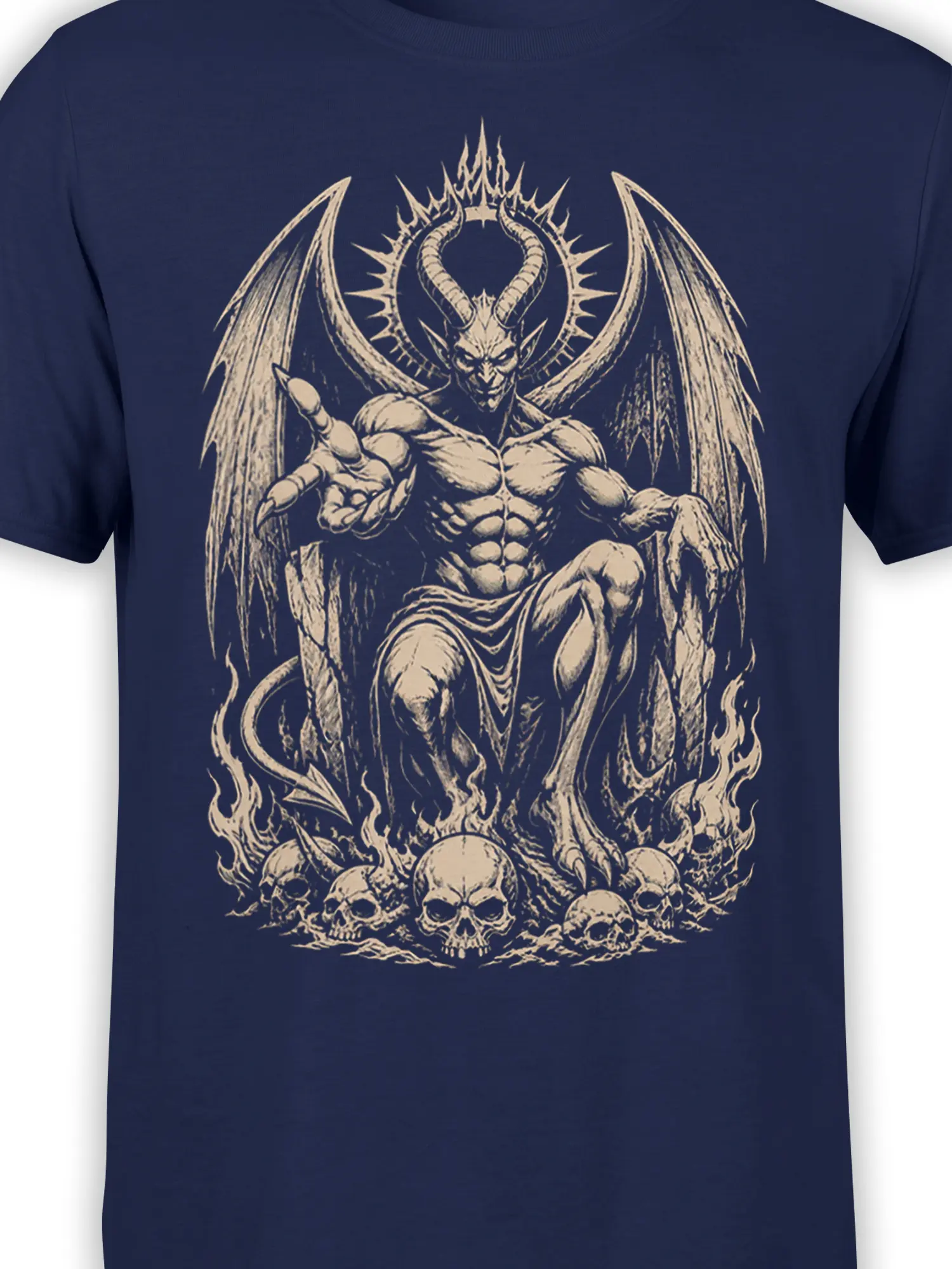 Close-up of the cream horned creature and dramatic wings on a navy fantasy T-shirt