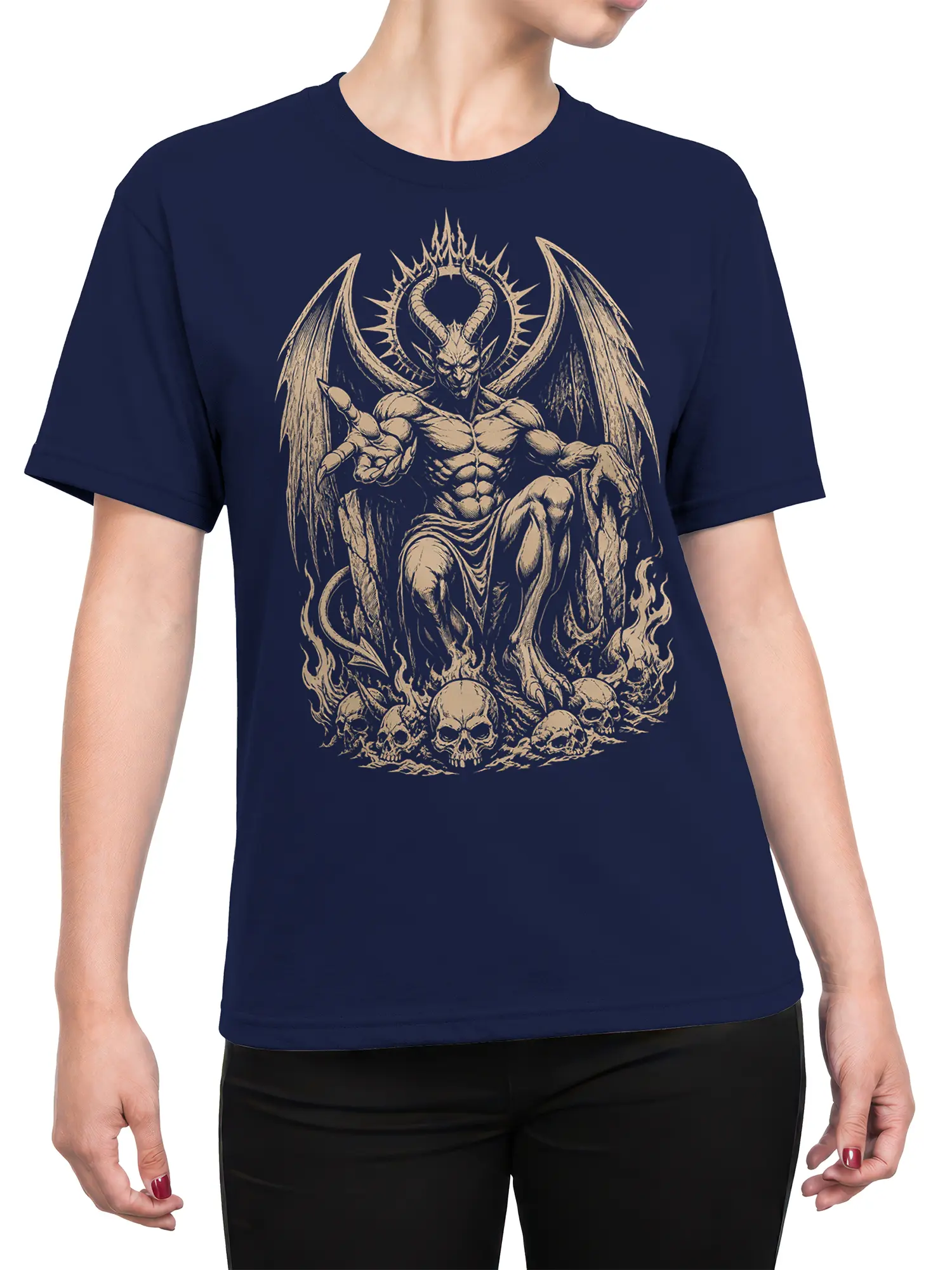 Female torso wearing a navy T-shirt with a cream horned winged creature and skull design