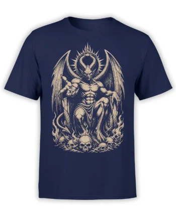 Front view of a navy T-shirt with a horned winged creature, flames, and skulls in cream artwork