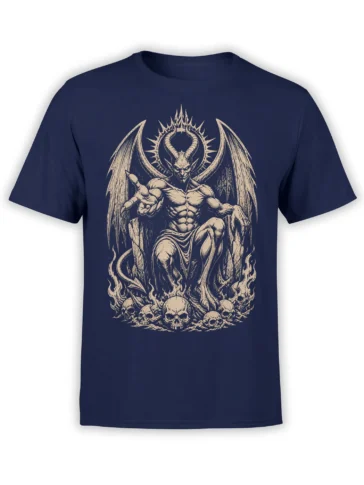 Front view of a navy T-shirt with a horned winged creature, flames, and skulls in cream artwork