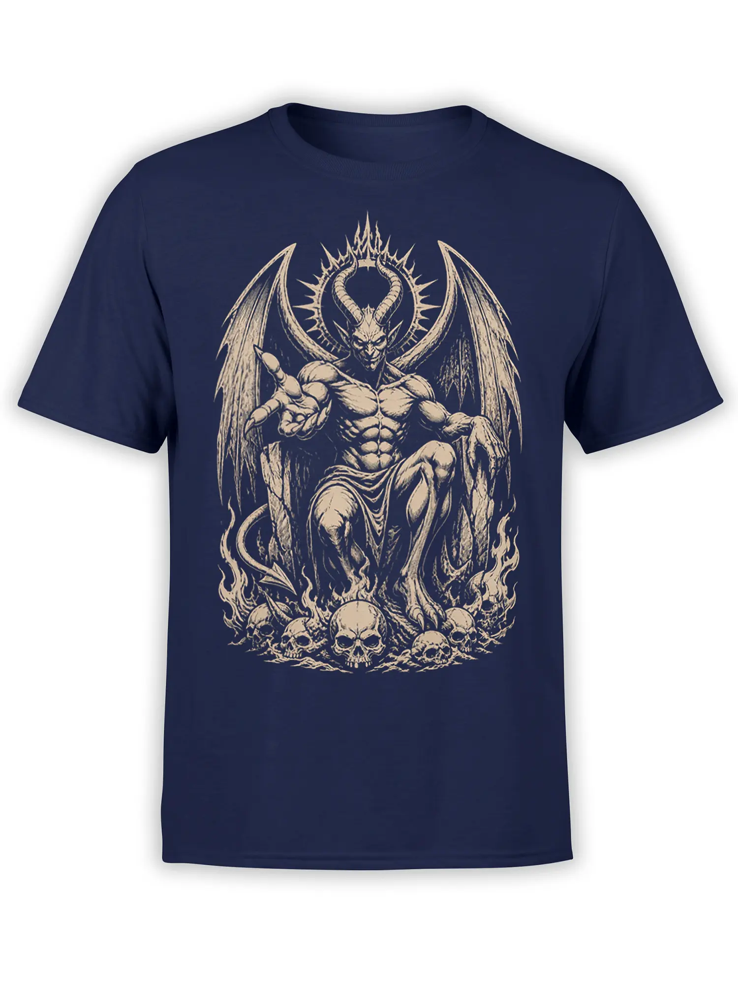 Front view of a navy T-shirt with a horned winged creature, flames, and skulls in cream artwork