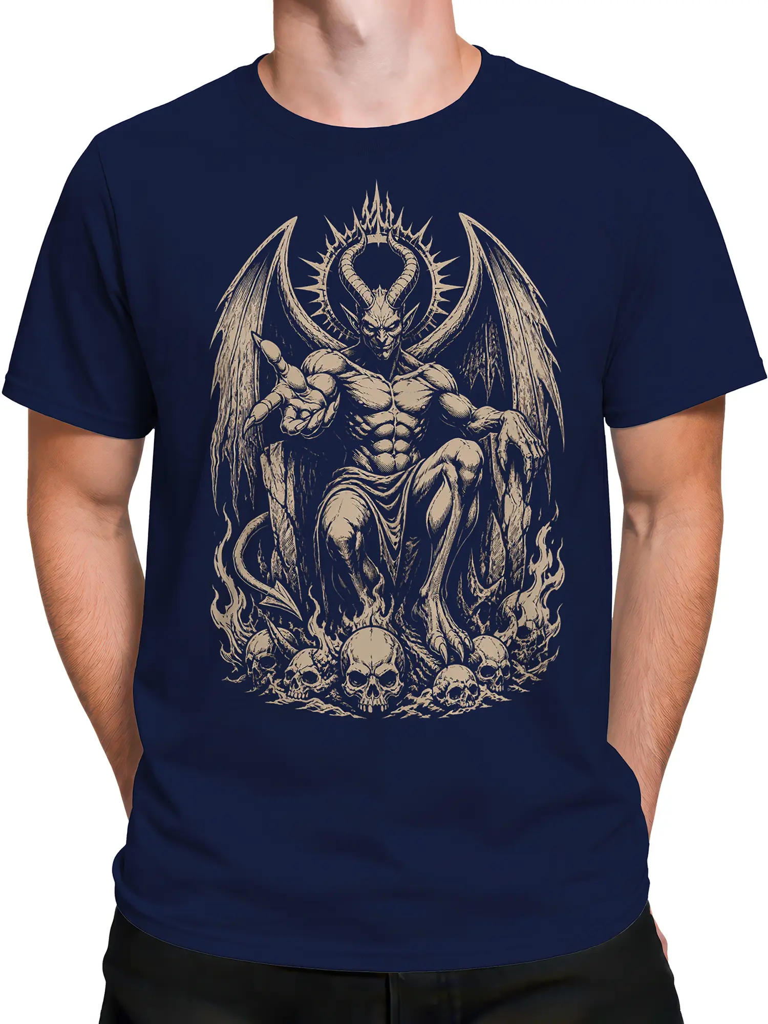 Male torso wearing a navy fantasy T-shirt with a horned winged creature design