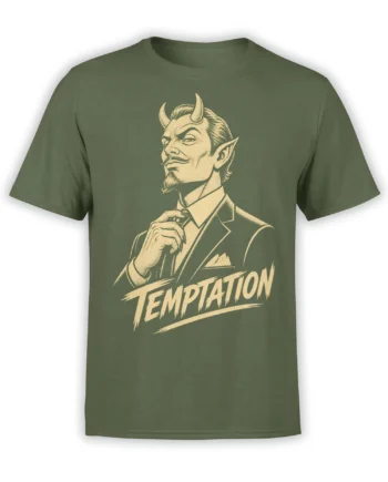 Olive green T-shirt with a vintage cream horned demon portrait in a suit and bold TEMPTATION lettering