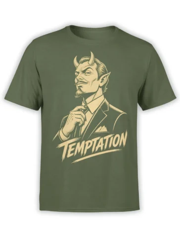 Olive green T-shirt with a vintage cream horned demon portrait in a suit and bold TEMPTATION lettering