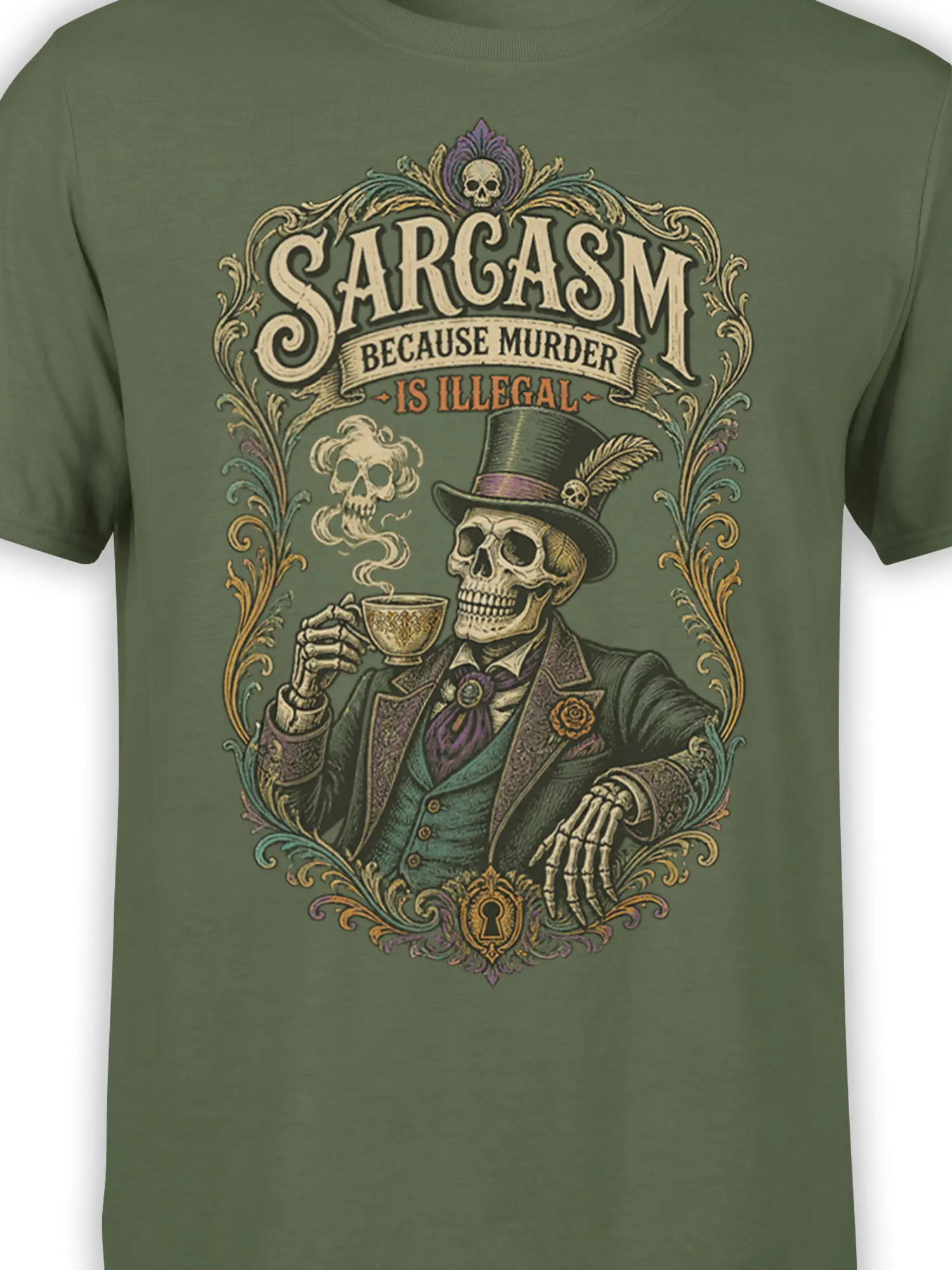 Close-up of top-hatted skeleton tea graphic and “Sarcasm Because Murder Is Illegal” lettering