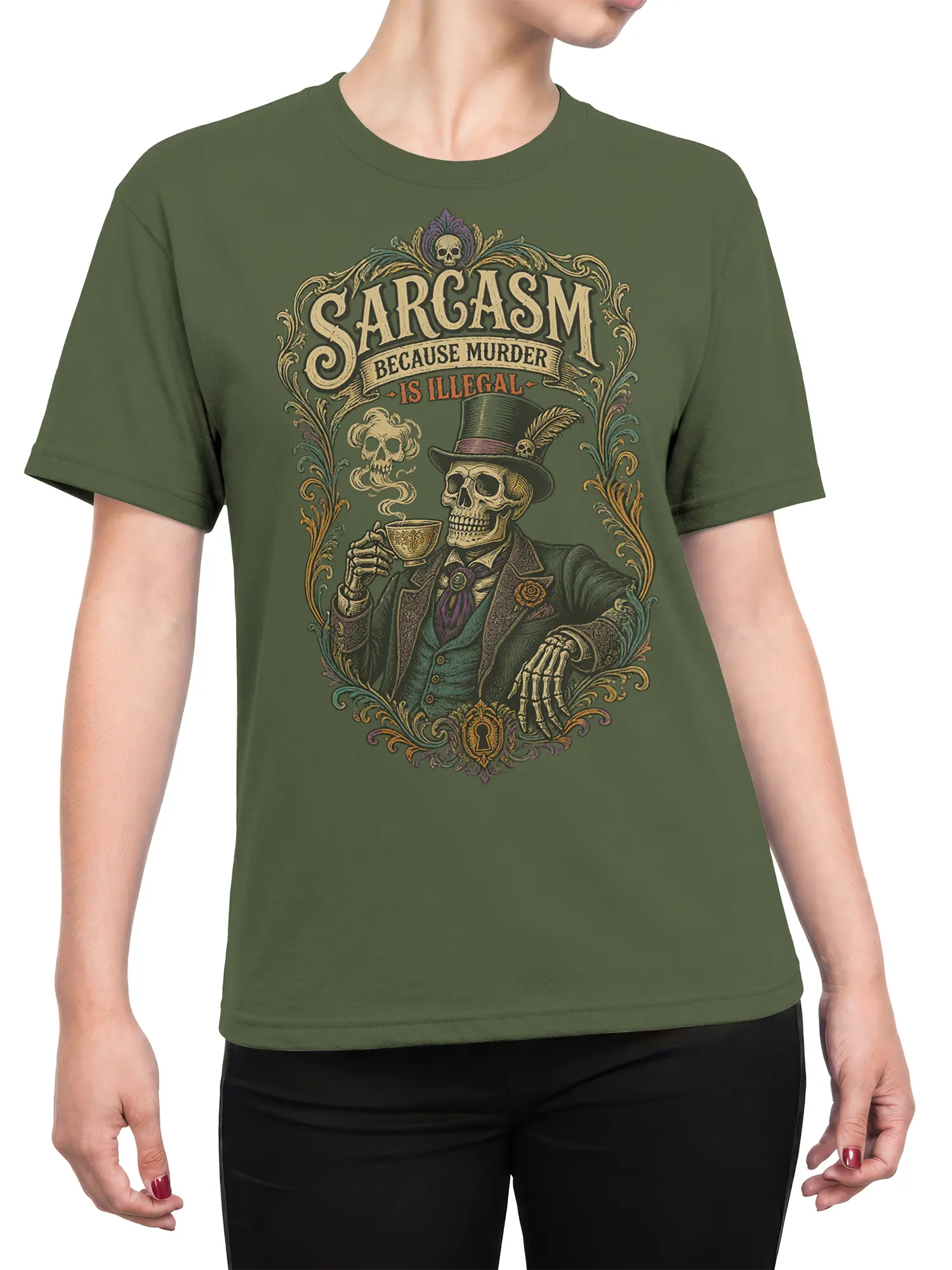 Female torso wearing an olive green skeleton sarcasm T-shirt with a vintage tea-time graphic