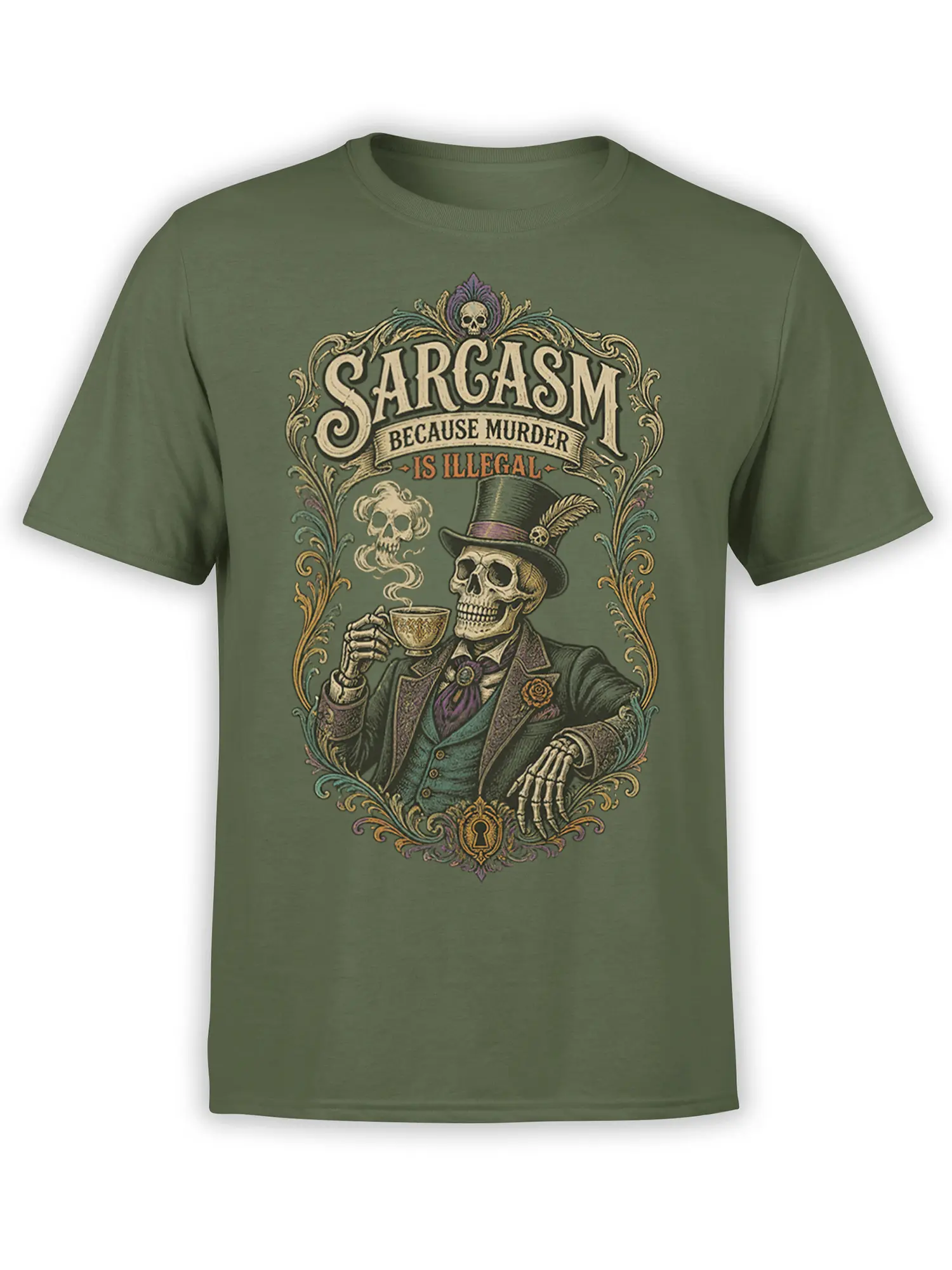 Olive green sarcasm T-shirt with a top-hatted skeleton drinking tea and ornate vintage scrollwork