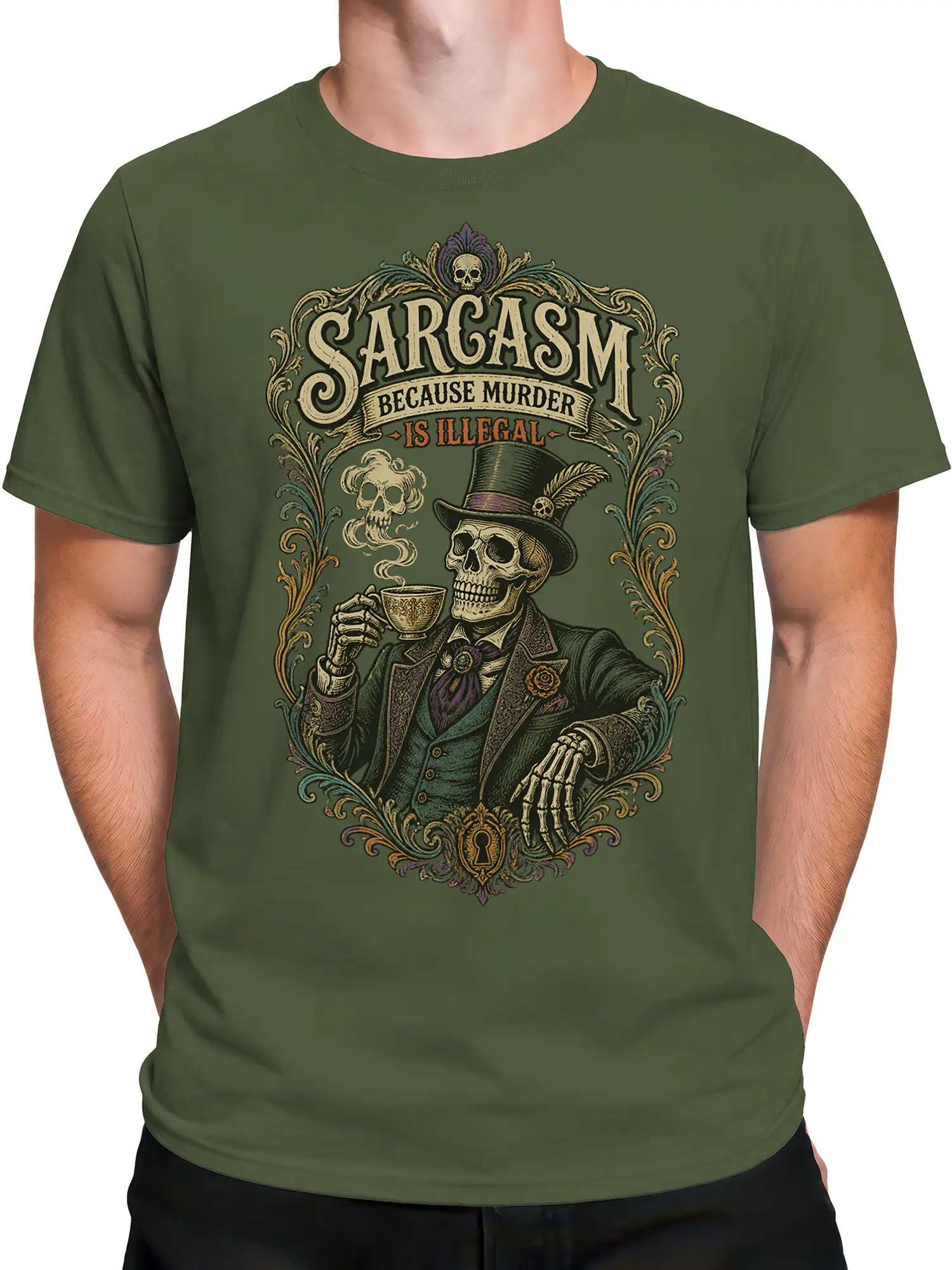 Male torso wearing an olive green sarcasm T-shirt with a top-hatted skeleton and tea graphic