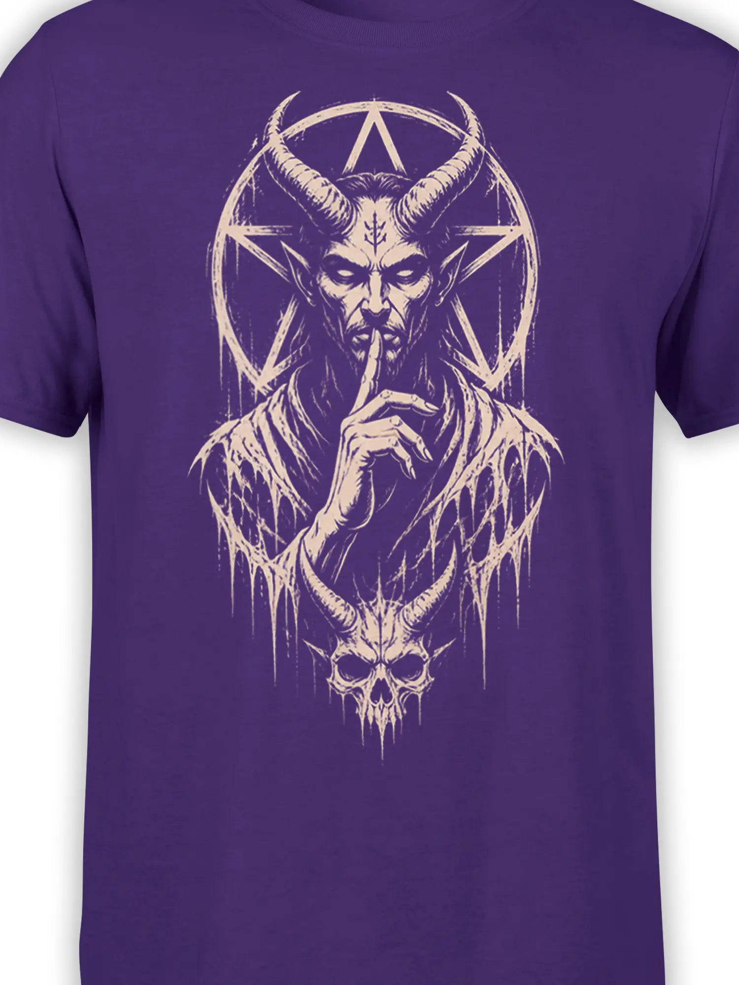 Close-up of the pale horned demon and dripping skull artwork on a purple T-shirt