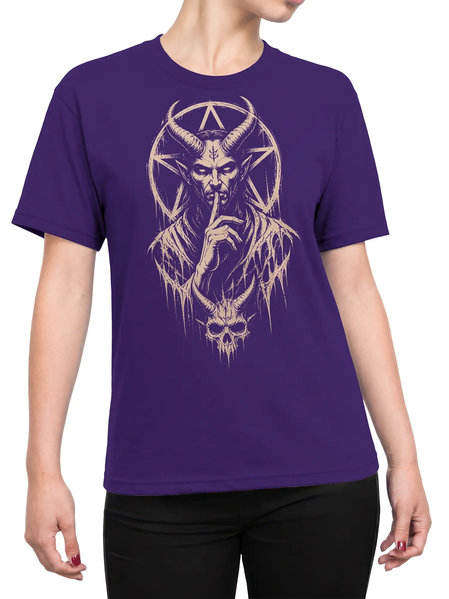 Female torso wearing a purple demon T-shirt with horned figure and dripping skull artwork
