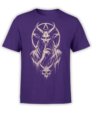 Purple T-shirt featuring a pale horned demon, occult-style star shapes, and a dripping skull design