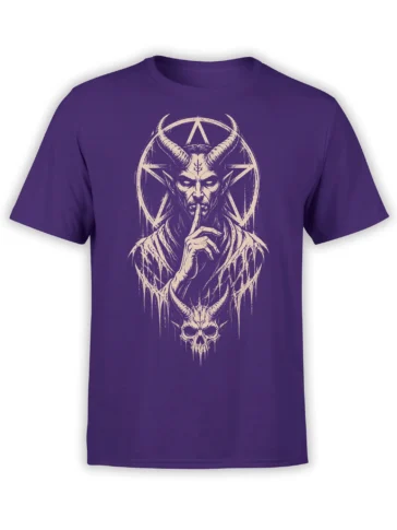 Purple T-shirt featuring a pale horned demon, occult-style star shapes, and a dripping skull design