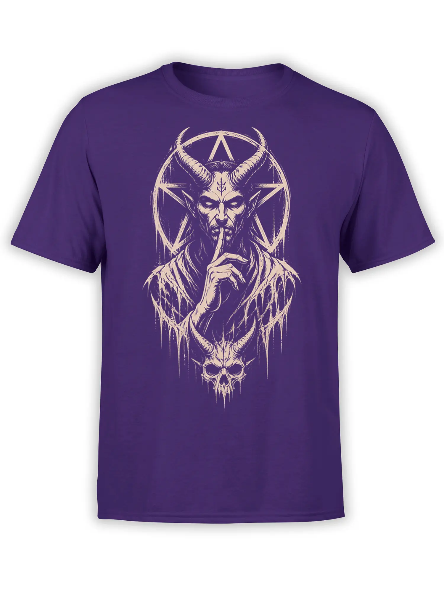 Purple T-shirt featuring a pale horned demon, occult-style star shapes, and a dripping skull design