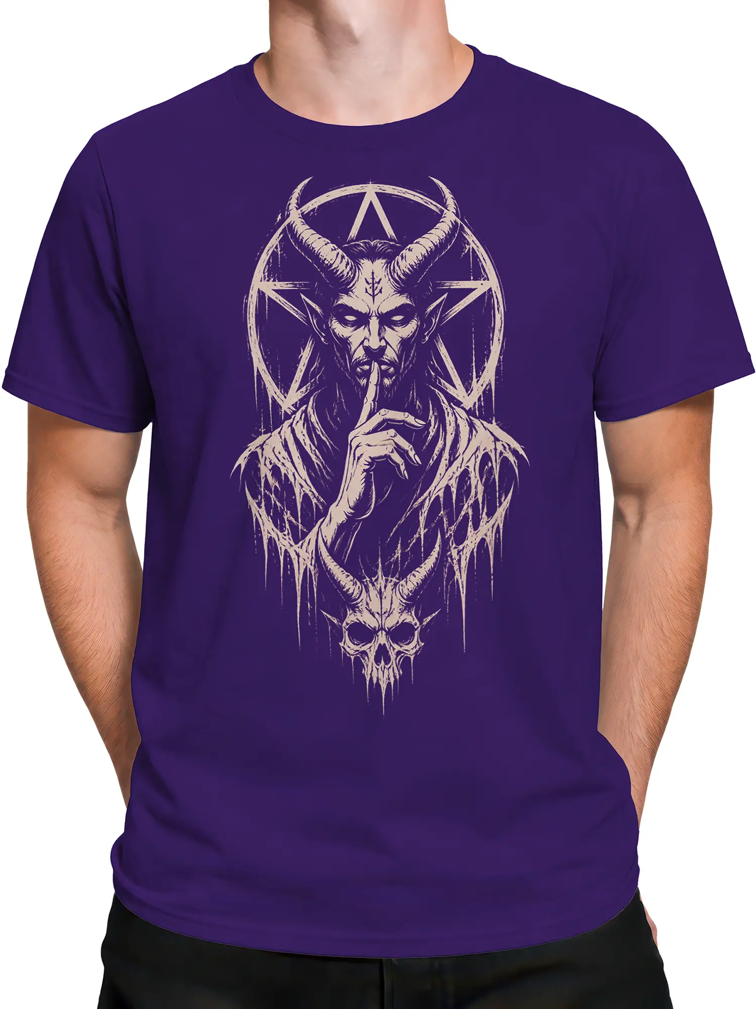 Male torso wearing a purple demon T-shirt with occult-style stars and skull artwork