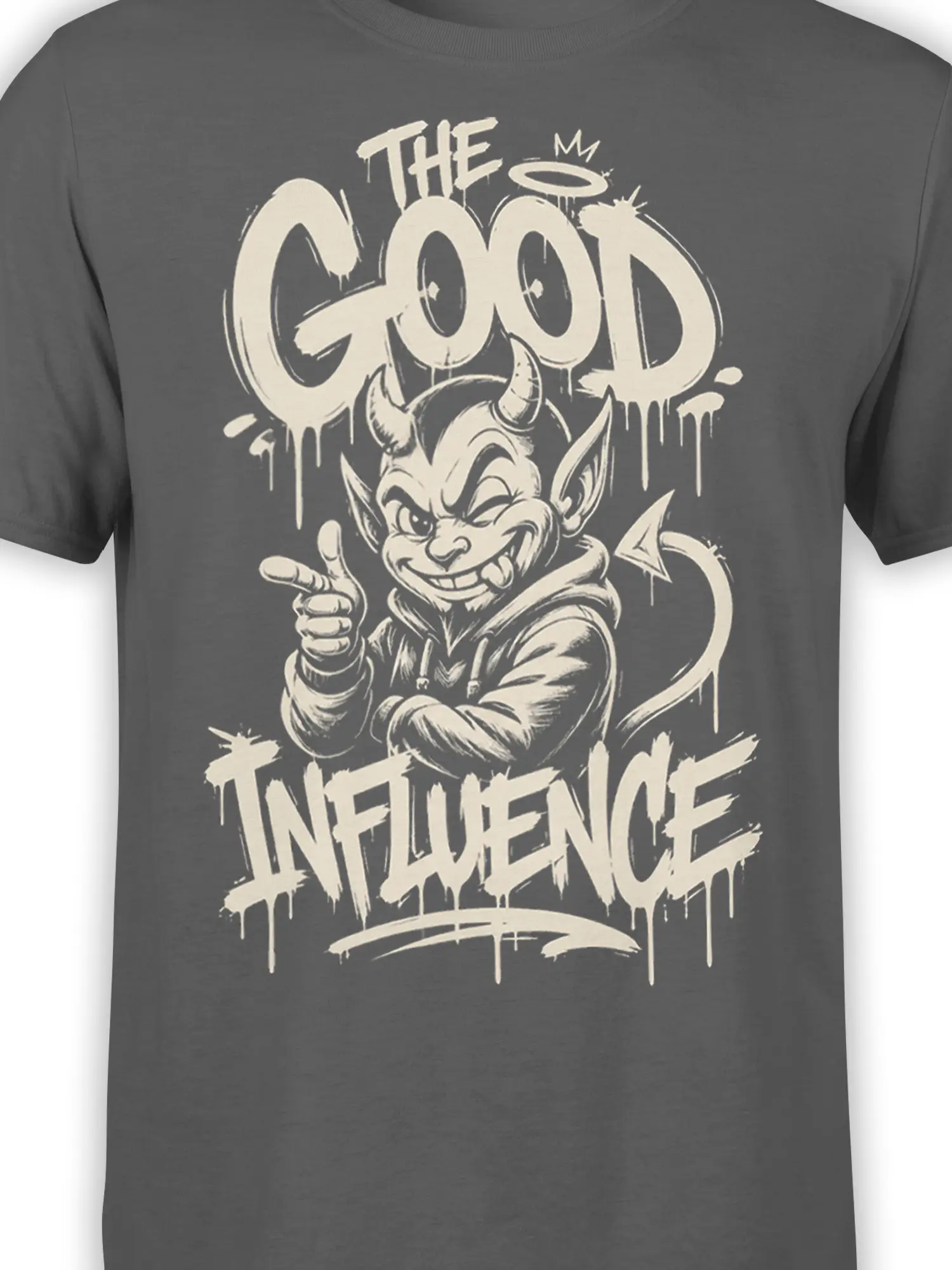 Close-up of the cream devil artwork and “The Good Influence” lettering on a dark gray T-shirt