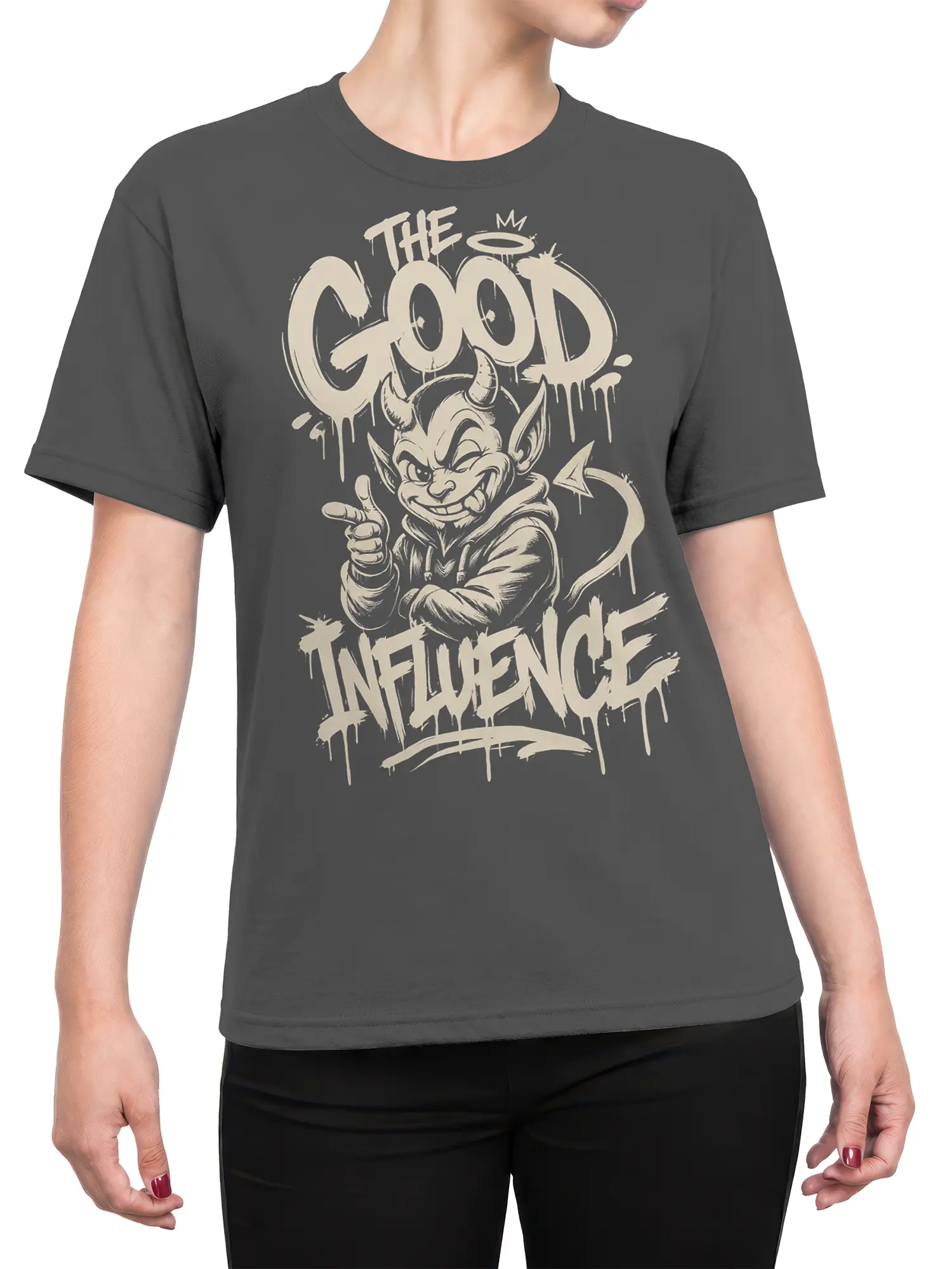 Female torso wearing a dark gray Good Influence devil T-shirt with cream graphic lettering and hooded character