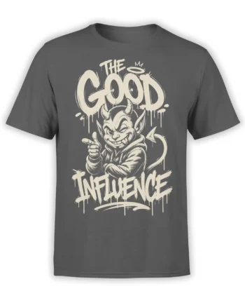Dark gray devil T-shirt with cream “The Good Influence” lettering and a mischievous hooded character