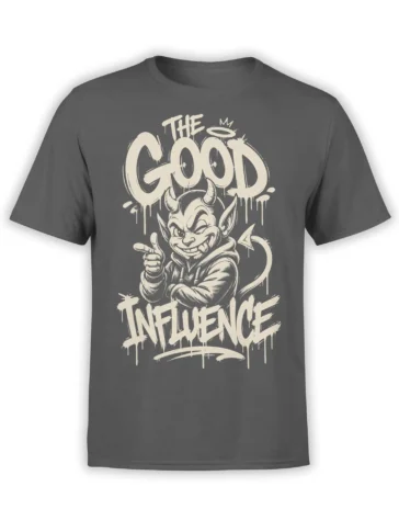 Dark gray devil T-shirt with cream “The Good Influence” lettering and a mischievous hooded character