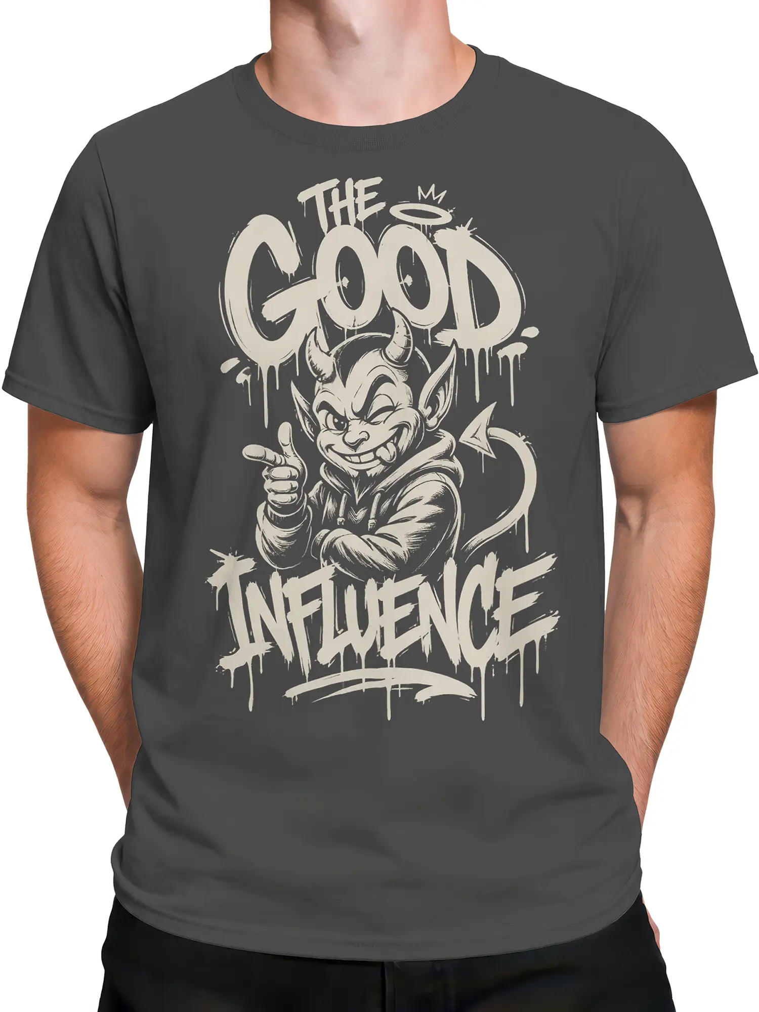 Male torso wearing a dark gray devil graphic T-shirt with “The Good Influence” cream print