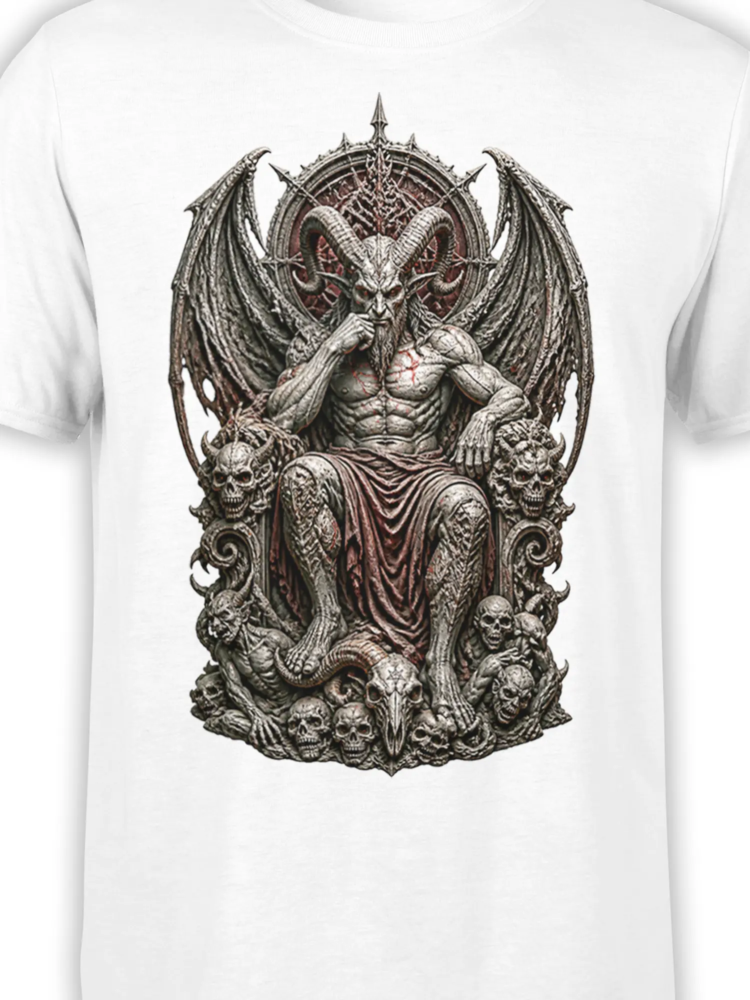Close-up of horned throne artwork with wings, skulls, and detailed gothic fantasy elements on a white shirt